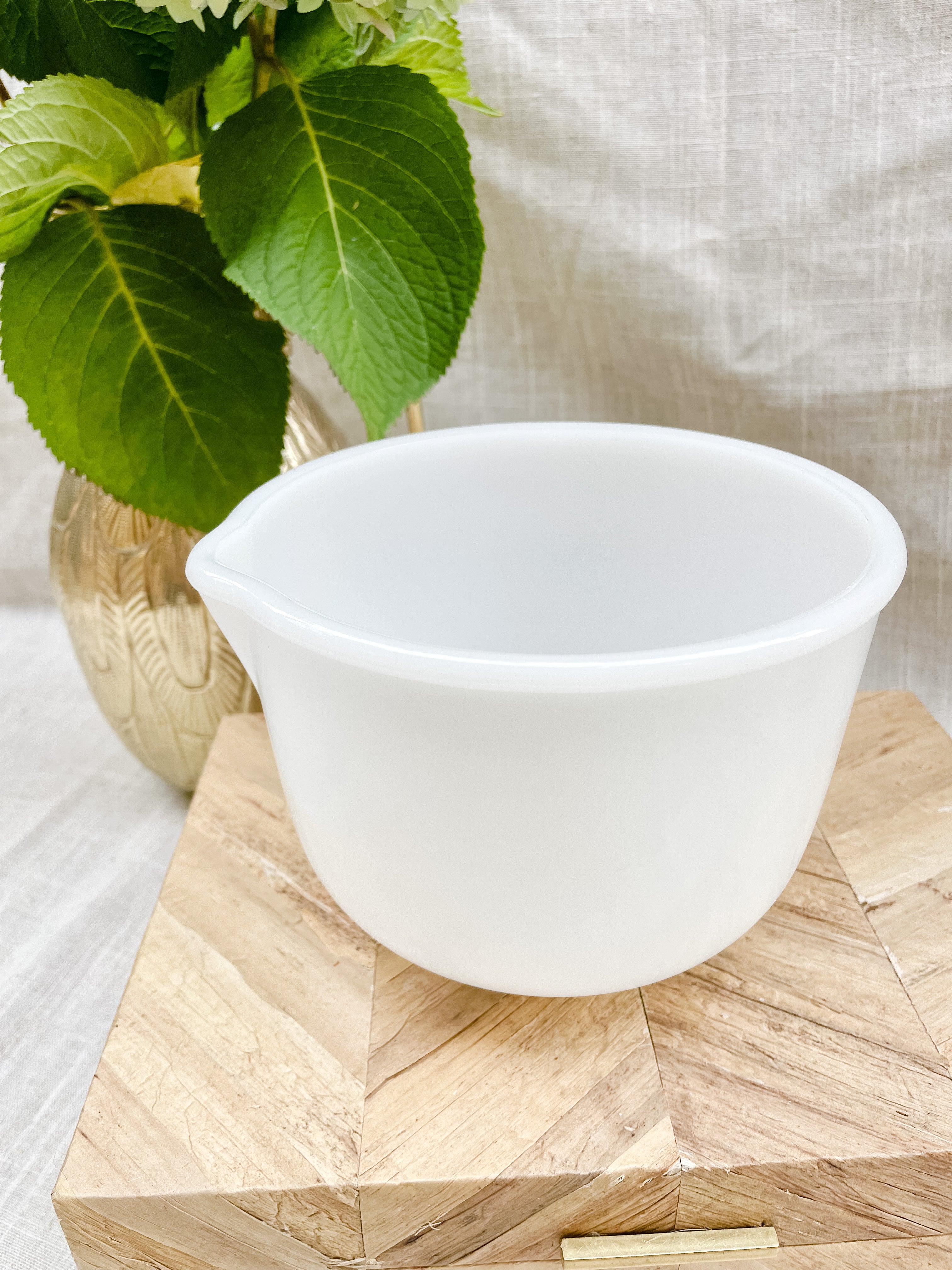 Glasbake 17 White Milk Glass Large Mixing Bowl With Pour Spout