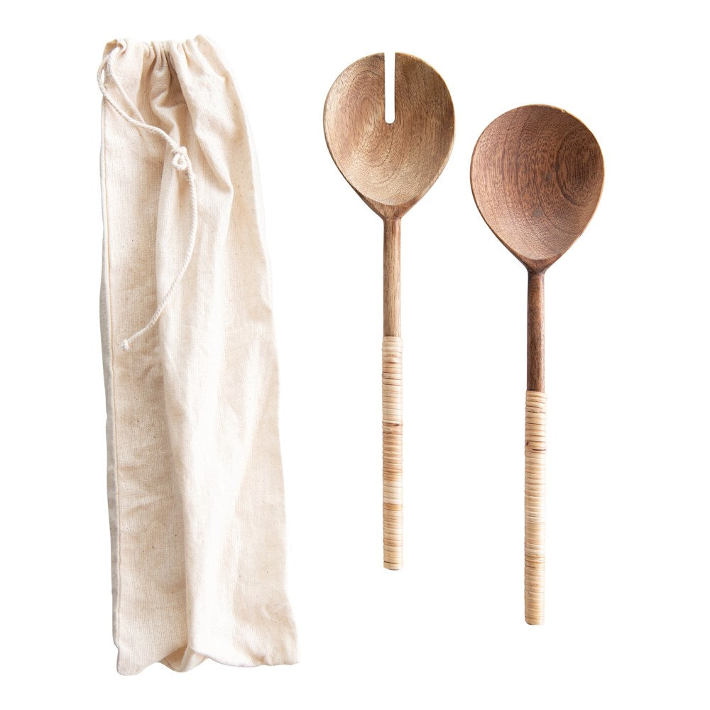 Wood Salad Servers with Bamboo Wrapped Handles