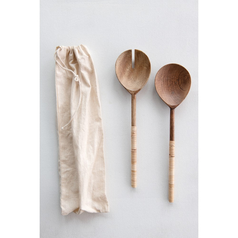 Wood Salad Servers with Bamboo Wrapped Handles