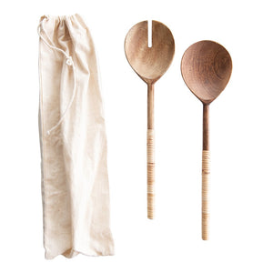 Wood Salad Servers with Bamboo Wrapped Handles